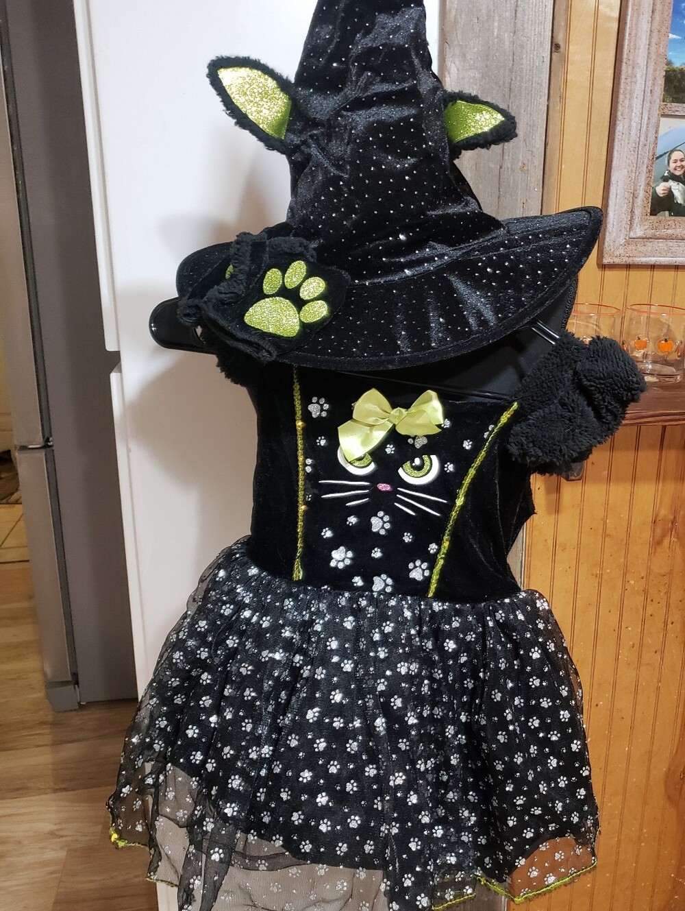Halloween Black Kitten Witch Costume Dress Hat Gloves Tail 7/8 Sparkles Glitter